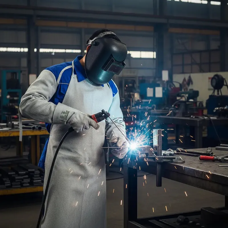 Soldador usando máscara de solda, avental e luvas de raspa durante a soldagem