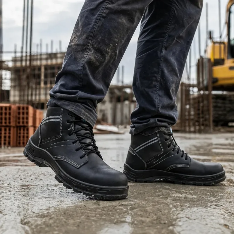 Botinas de segurança pretas em uso em um canteiro de obras