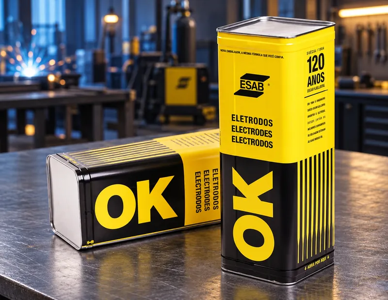 Latas de eletrodos ESAB OK sobre bancada de oficina