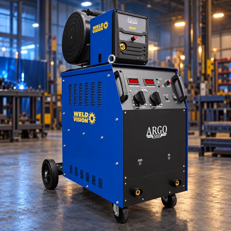 Máquina de solda MIG Weld Vision Argo 500 com alimentador de arame em ambiente industrial